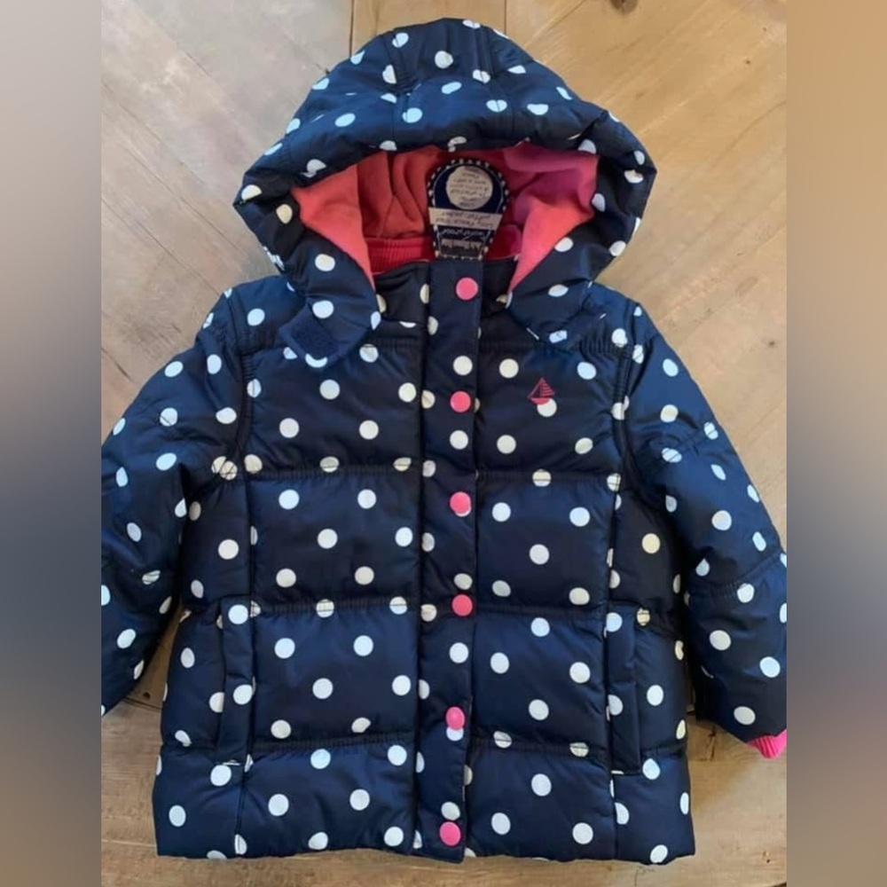 NWT Jojo Maman Bebe London navy polka dot puffer coat size 2/3 Twins
